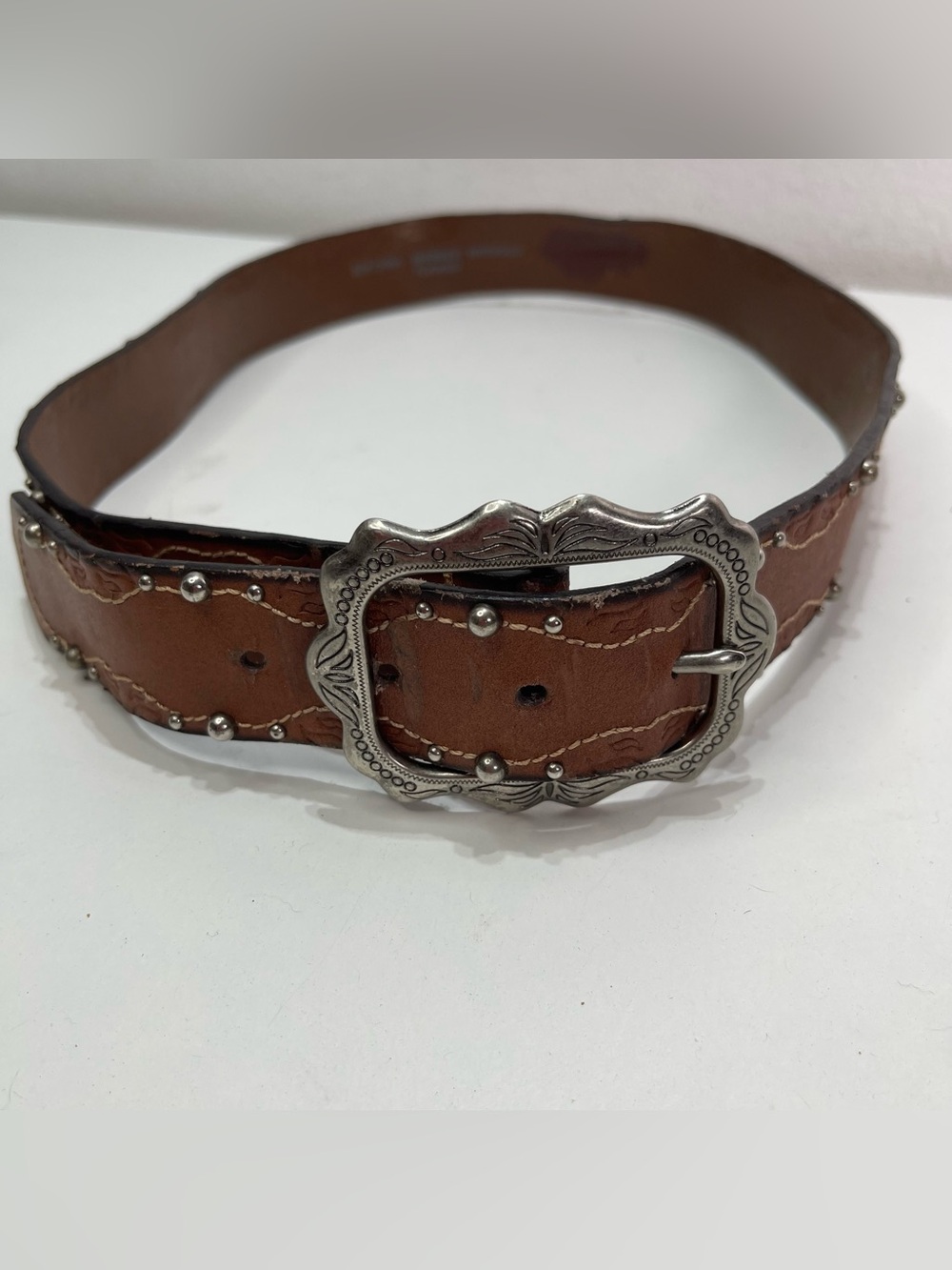90's Faded Glory Belt Western  Studded Engraved Buckle Women's S/M Brown Boho pr